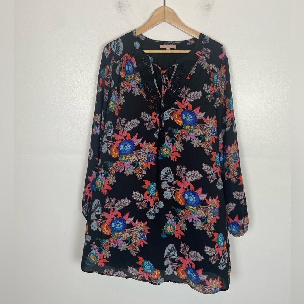 Gibson Latimer Floral Mini Dress Sz XL Long Sleeve Chiffon Pocket‎ Lace Neckline